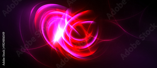 Bright pink, red energy swirls against dark background. Abstract light patterns create dynamic visual effect. Intense glow radiates outward.