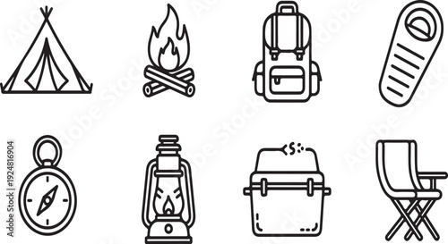 Essential camping gear and equipment for outdoor adventures Vector