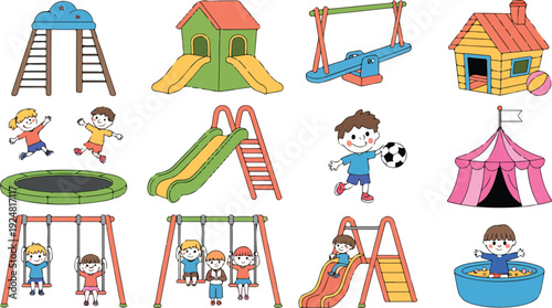 Kids sports activity vector set featuring children playing basketball, soccer, baseball, athletics, and winning trophies in flat cartoon style
