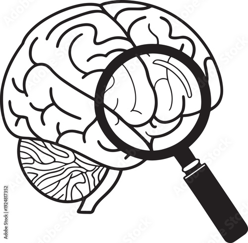 Brain Research and Analysis: Magnifying Glass Symbolizing Deep Thinking, Science, and Psychology Isolated white background