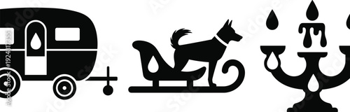 Black silhouette icons of vintage travel trailer camper, winter dog sled with husky, and traditional candle candelabra isolated on white background (22 words)