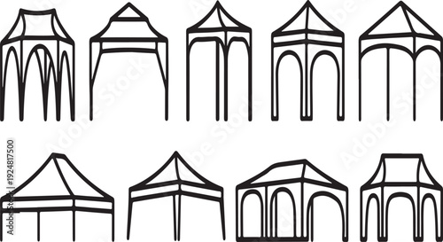 Illustrations of various tent structures and designs for camping and events. Vector