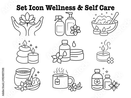 Set line icon wellness and self care minimal outline block on white.Spa products,Skincare bottles,Aromatherapy candles,Herbal tea Cup,Lotus flower,Relaxation element vector illustration.Not Gen AI