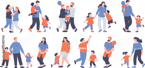 Happy family character vector set featuring parents and children playing, walking, hugging, and spending time together in flat cartoon style