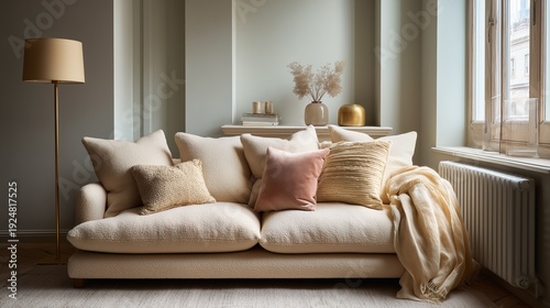 Inviting beige sofa with textured pillows and throws in a sunlit, modern living room setting, offering warmth and comfort.
