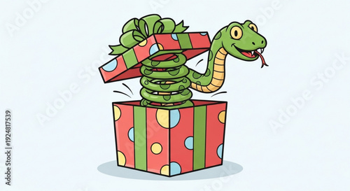Surprised cartoon snake jumping out of colorful polka dot gift box with ribbon on light blue background