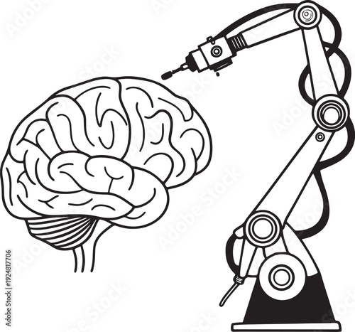 Robotic arm and human brain interacting, symbolizing automation in neuroscience and AI development Isolated white background