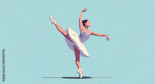 Elegant ballerina dancing en pointe in white tutu on light blue background with graceful pose