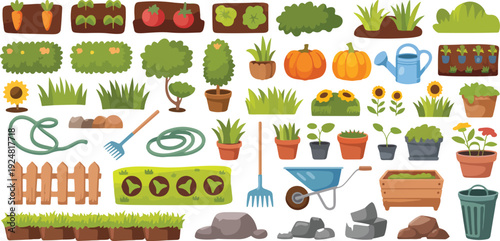 Gardening and farming elements vector set featuring plants, trees, tools, vegetables, pots, and outdoor accessories for agriculture and nature designs