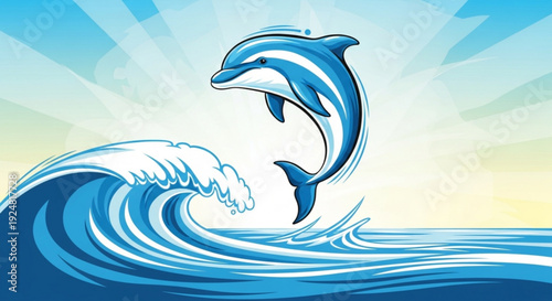 Dolphin jumping out of ocean wave with sunny blue background and rays of light
