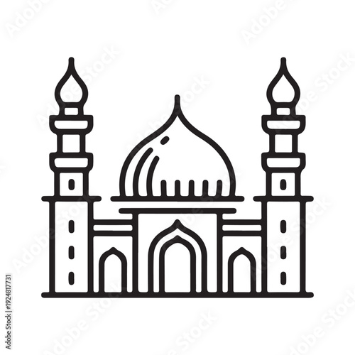Outline Black Mosque Icon with Dome and Two Minarets for Islamic Faith