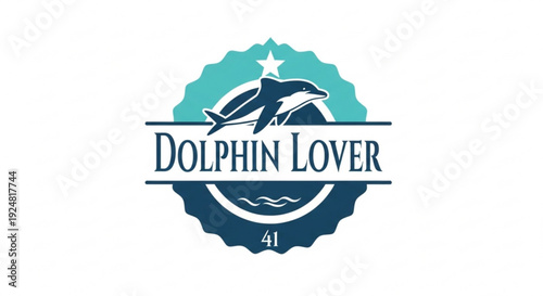 Dolphin lover logo with jumping dolphin and star on blue background