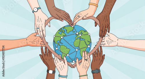 Diverse hands forming heart shape around the earth with connections symbolizing global unity and love