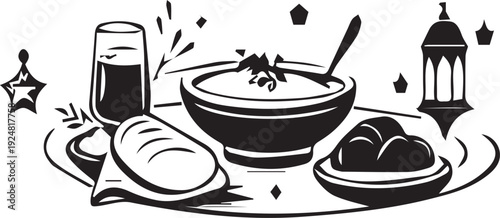 A black and white vector illustration showcasing a heartwarming Iftar meal with soup, bread, dates, and a lantern.