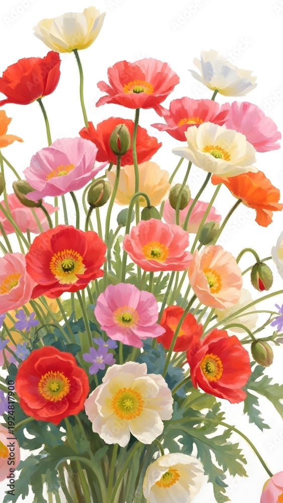Fototapeta premium Vibrant bouquet of colorful poppies on white background