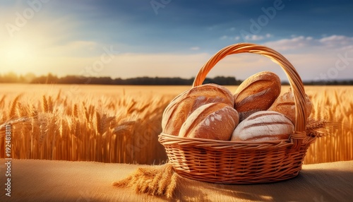 Wicker Basket Of Bread Against Wheat Field