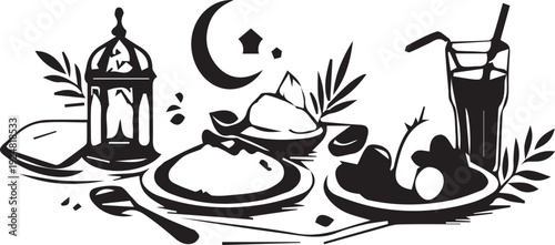 A delightful black and white illustration of a festive Iftar spread featuring a lantern, crescent moon, and various dishes.