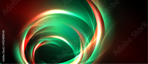 Abstract swirls, vibrant colors blend. Green dominates, accented by red, gold hues. Dynamic energy radiates from central point.