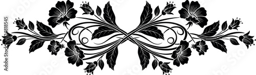 Black floral ornamental border with swirling vines and detailed flowers white