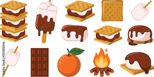 S’mores dessert ingredients collection vector illustration featuring graham crackers, marshmallows, chocolate, and campfire for camping and food designs