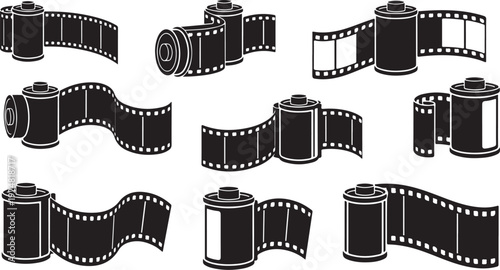 Film strips and cameras in black and white illustration