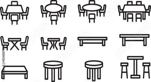 A collection of various furniture items including tables, chairs, and stools. Vector