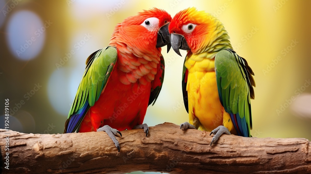 Obraz premium Two Vibrant Parrots Perched Side by Side Sharing a Tender Beak-to-Beak Moment on a Bright Branch