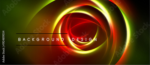 Abstract design features vibrant concentric circles. Colors blend from green, orange, red creating dynamic visual effect. Text reads background design.