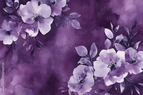 An enchanting watercolor floral background in deep purple tones with elegant blossoms, creating a dreamy backdrop suitable for artistic invitations and prints.