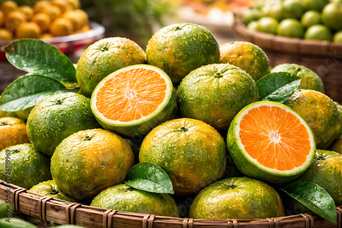 Fresh oranges arranged in a wicker basket, with some cut to show their juicy interior