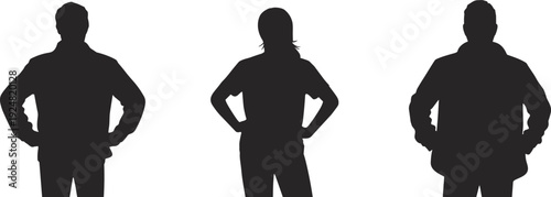 Black silhouette of people standing with hands on hips, confident posture, man and woman from back view on white background (20 words)