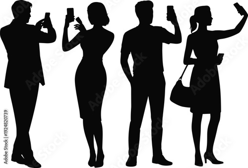 Black silhouette of people using smartphones, taking photos and selfies, diverse group of men and women holding mobile phones on white background (22 words)