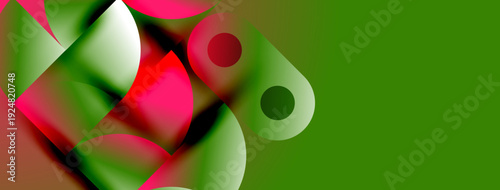 Abstract shapes blend, creating vibrant color gradients. Pink, green, red dominate composition. Smooth transitions define forms.