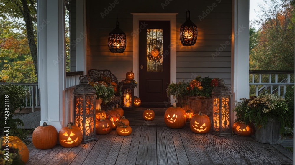 Obraz premium Halloween porch with pumpkins and lanterns at dusk .
