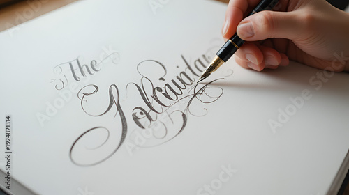 Calligraphy Training. Elegant girl hand holds a pen with ink and writes on white paper. learning to write. Macro.