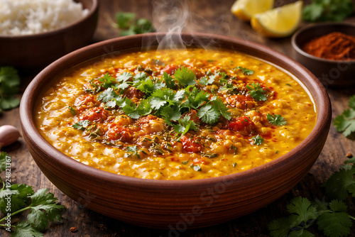 A vibrant bowl of delicious Indian cuisine with various sides