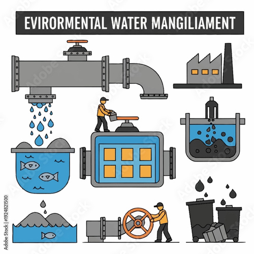 Environmental Water Management Illustration with Wastewater Treatment Process.