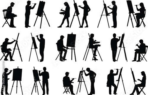 Collection of artist silhouettes painting on easels, men and women in various sitting and standing creative poses