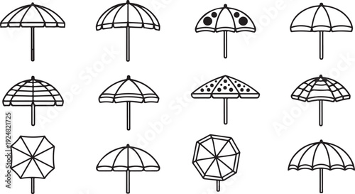 A diverse collection of umbrellas showcasing various designs and patterns. Vector