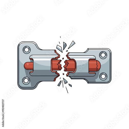 Illustration of a snapped latch with broken edges isolated on a white background, showcasing metallic texture and detailed fracture lines