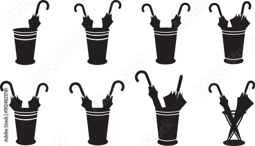 Collection of black umbrellas in various positions and shapes