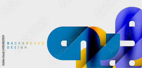 Abstract shapes overlap, creating dynamic visual effect. Blue, yellow hues dominate neutral background. Modern design element.