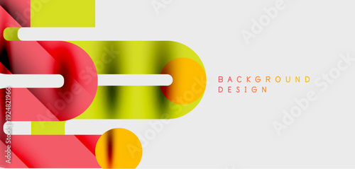 Abstract geometric shapes overlap, creating dynamic colorful background. Red, yellow, green hues dominate design. Minimalist style.