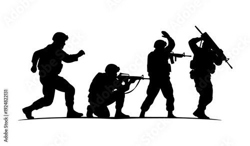 Dynamic Military Combat Silhouettes Vector Illustration Isolated on Solid White
