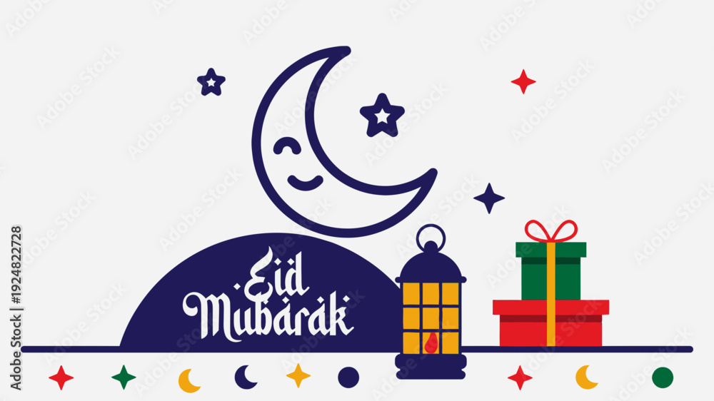 Fototapeta premium Eid mubarak festive illustration with crescent moon lantern gifts and stars on white background for ramadan celebration