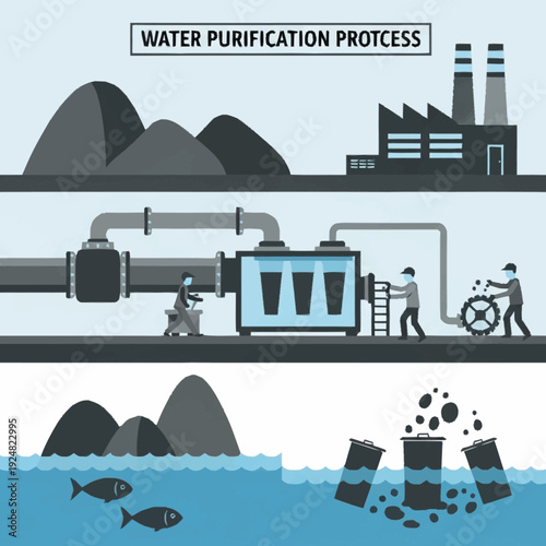 Water Purification Process Illustration Showing Industrial Treatment Stages.