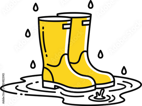 Bright yellow rubber rain boots stand ready in a cartoon puddle surrounded by falling raindrops illustrating wet weather protection and outdoor fun.
