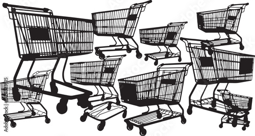 Collection of shopping carts in various positions and angles