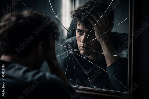 Man gazing at his reflection in a shattered mirror, grappling with his emotions