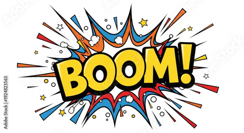 Vibrant comic book style boom explosion graphic with dynamic colorful effects and starburst lines on white background